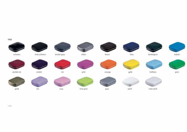 Farb&uuml;bersicht der 23 Standardfarben der Pfefferminzdose