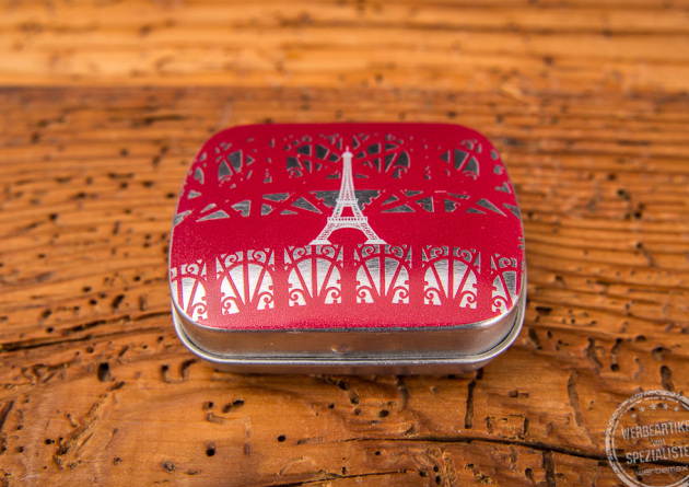 Pfefferminzdose mit rotem Aufdruck und silberfarbenen Eifelturm als g&uuml;nstiger Streuartikel