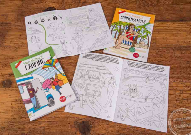 Werbemalb&uuml;cher DIN A5 mit Logo &ndash; Themen Sommer und Reisen, ge&ouml;ffnete Innenseiten mit Ausmalmotiven als kreativer Werbeartikel f&uuml;r Kinder.