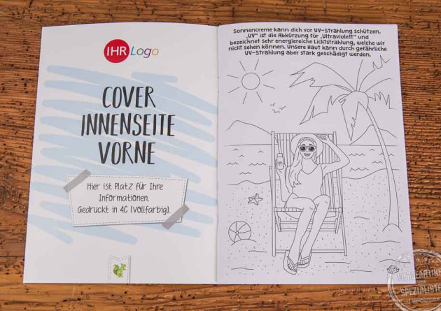 Werbemalbuch DIN A5 mit Logo &ndash; Beispiel f&uuml;r gestaltbare Cover-Innenseite kombiniert mit sommerlichem Ausmalmotiv f&uuml;r Kinder.