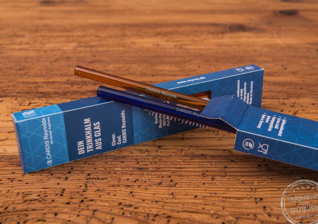Glastrinkhalm bunt in bedruckter Kartonverpackung 
