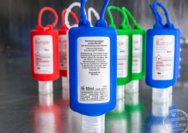 Verschiedene bedruckte Bumper mit Sonnencreme f&uuml;r unterwegs als Merch