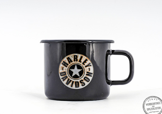 werbemax Emaillebecher schwarz mit rusty Optik Harley Davidson. 