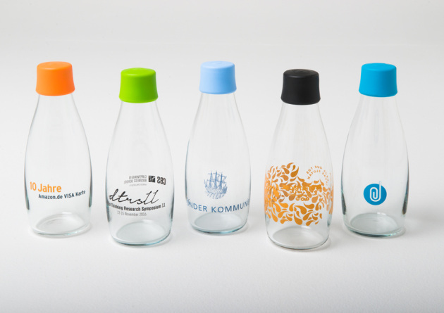 Werbeartikel Trinkflaschen aus Glas mit Firmenlogo