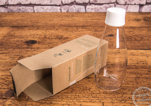 retap Glasflasche 300ml mit weißem Deckel und Verpackung