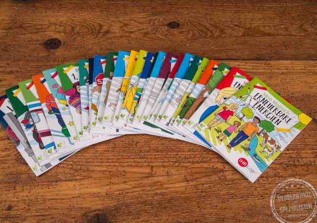 F&auml;cherf&ouml;rmige Auswahl an Werbemalb&uuml;chern DIN A5 mit Logo &ndash; zahlreiche Themen als individuelle Werbeartikel f&uuml;r Kinderaktionen, Wartezimmer und Events.