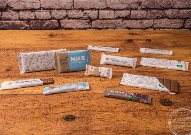 Vollmilchschokolade nachhaltig verpackt als Werbeträger