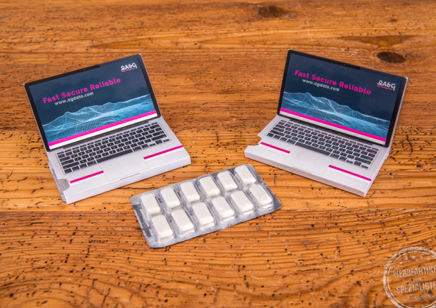 Veganer Werbeartikel Kaugummis in personalisiertem Blister.