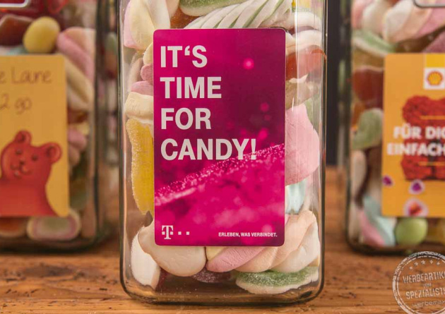 Süsse Werbung im Glas Fruchtgummis mit Logo 