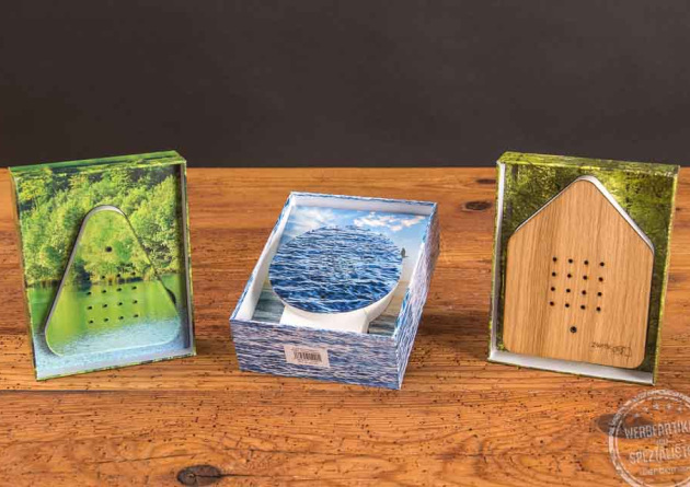 Zwitscherbox, Oceanbox und Lakesidebox als Werbegeschenk inklusive Verpackung.