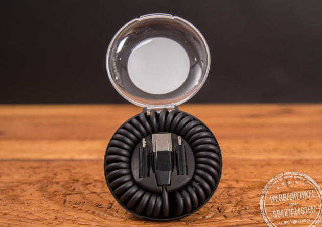 Universalladekabel in Schwarz in runder Kunststoff Aufbewahrungsbox