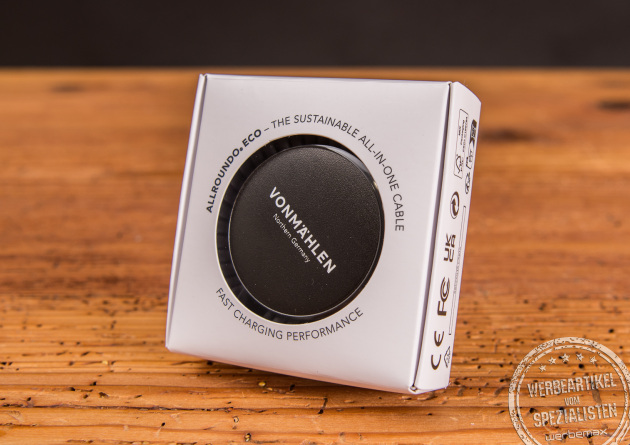 Universelles Ladekabel Allroundo C in schwarz mit wei&szlig;er Kartonverpackung