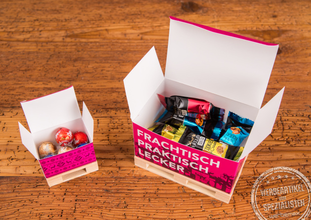 Mini Paletten mit Lindt-F&uuml;llung in gro&szlig; und klein. Als Werbeartikel mit Ihrer Botschaft bedruckt