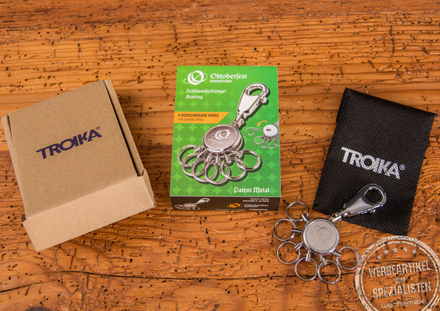 Oktoberfest Schl&uuml;sselanh&auml;nger von Troika mit 6 ausklinkbaren Schl&uuml;sselringen. Das offizielle Oktoberfestlogo ist in der Mitte graviert. 