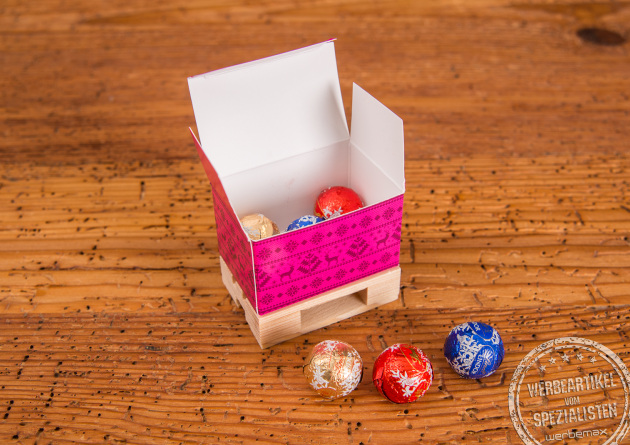 Mini-Palette mit Lindor-F&uuml;llung als Werbegeschenk f&uuml;r Transportdienstleister