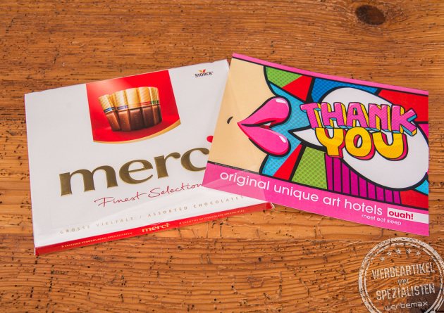 Merci als Werbegeschenk mit 4-farbig gestalteter Einlegekarte mit Comic-Pop-up Motiv