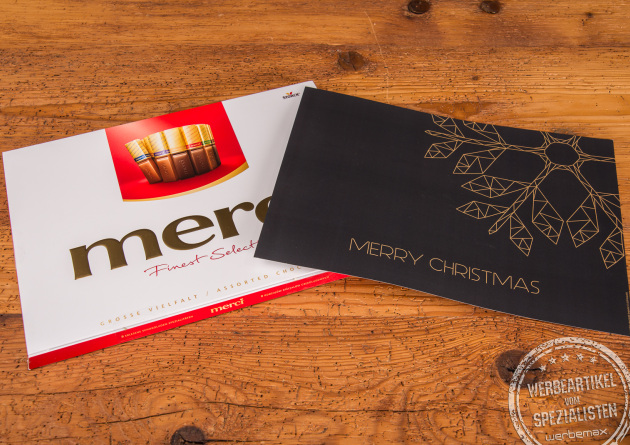 Merci Finest Selection von Storck als Werbegeschenk zu Weihnachten. Auf dem Bild kann man den individuellen Einleger gut sehen. 