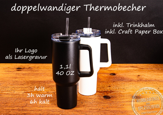 Produktbeschreibung zu zwei doppelwandigen Thermobechern als Werbeartikel.