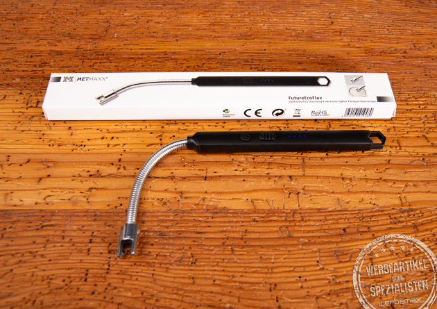 Ein Lichtbogen Feuerzeug FutureEcoFlex mit Verpackung.