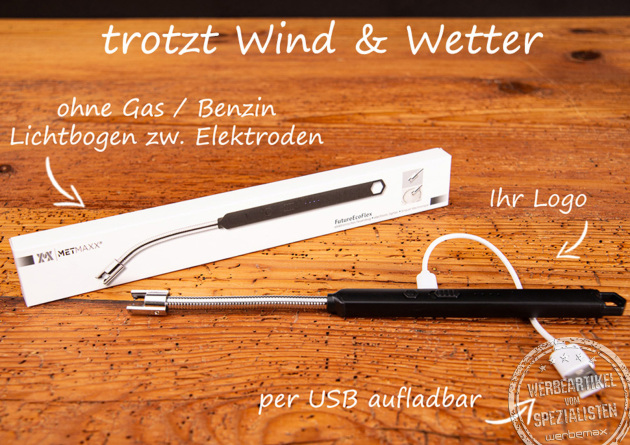 Lichtbogen Feuerzeug FutureEcoFlex als Werbeartikel mit Produktbeschreibung, Verpackung und USB-Kabel.