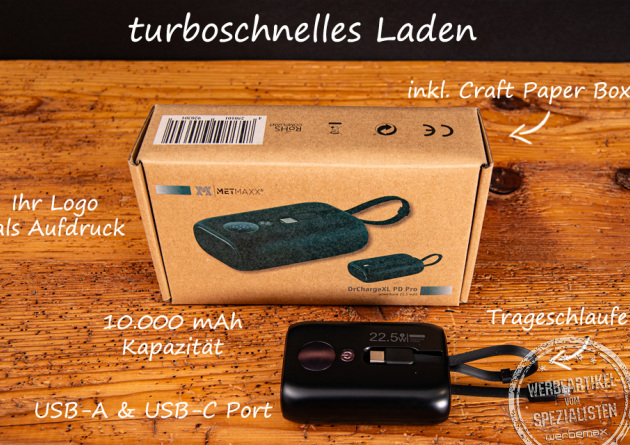 Eine schwarze DrChargeXL PD Pro Powerbank 10.000mAh mit Karton und Produktbeschreibungen.