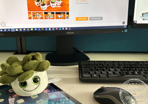 Ein Schmoozies Evergreenies Displayreiniger auf einem Tablet auf einem Schreibtisch.