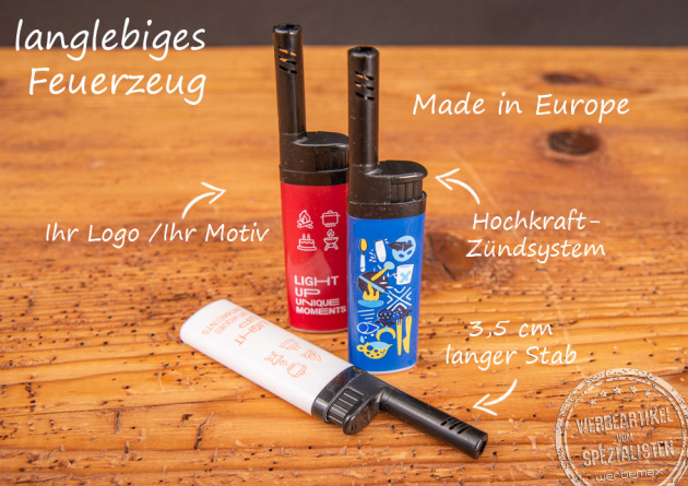 Drei Stabfeuerzeuge von BIC mit Bildbeschriftung der Produktevorteile.