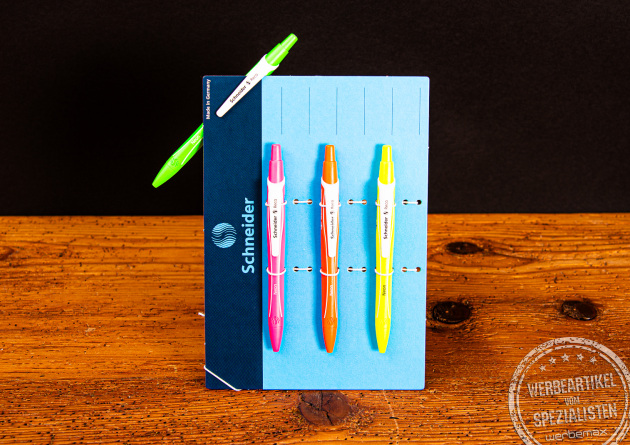 Vier Schneider Kugelschreiber RECO neon auf Werbekarte