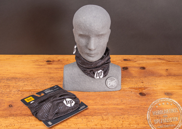 BUFF Multifunktionstuch mit Logo und Werbekartonage als Werbeartikel.