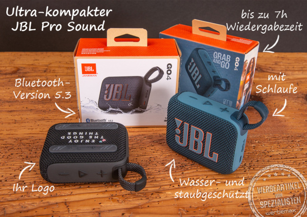 Produktbeschreibung bedruckter JBL GO 4 Bluetooth Speaker als Werbeartikel.