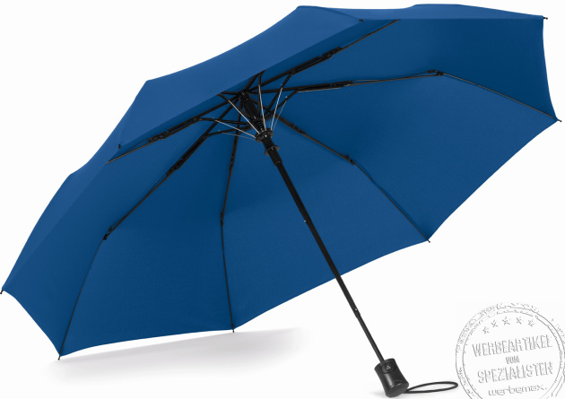 Blauer Taschenschirm Mini AC rPET geöffnet als Werbeartikel.