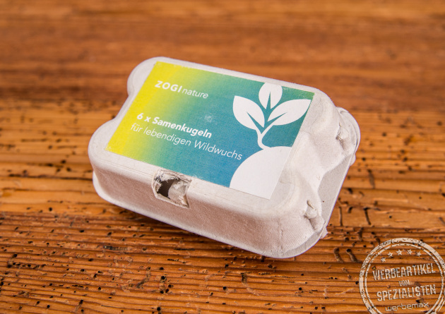 6 Samenbomben im Mini-Eierkarton mit individueller Logoanbringung