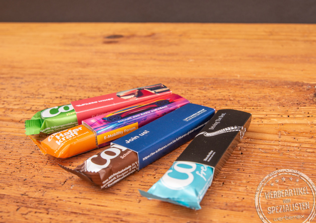 Corny M&uuml;sliriegel in verschiedenen Sorten als Werbeartikel im Werbeschuber bestellen