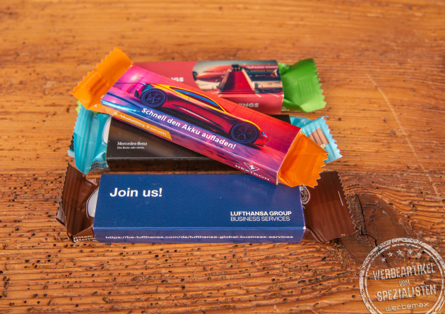 Werbeartikel zum Essen, Corny Haferkraft und M&uuml;sliriegel f&uuml;r Veranstaltungen, Messen und Events im Digitaldruck veredeln