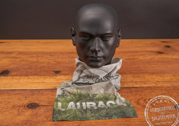 Bedrucktes Multifunktionstuch als Werbeartikel.