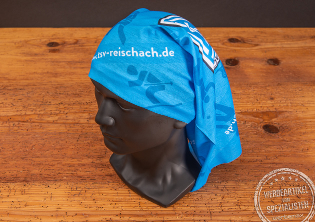 Bedrucktes Multifunktionstuch für einen Sportverein als Werbeartikel.