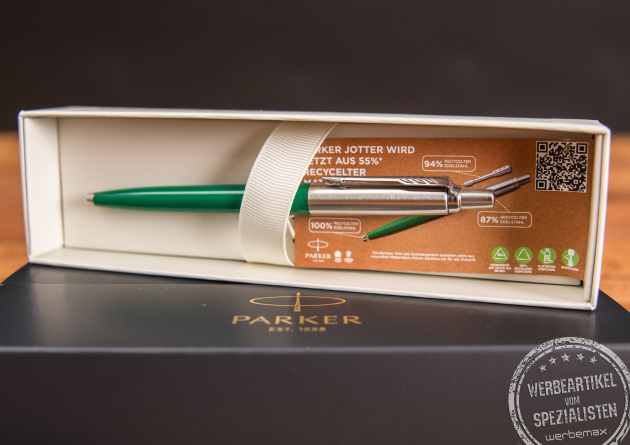 Recycelter Kugelschreiber von Parker als nachhaltiger Werbeartikel. Idel für eine Gravur mit Firmenlogo. 
