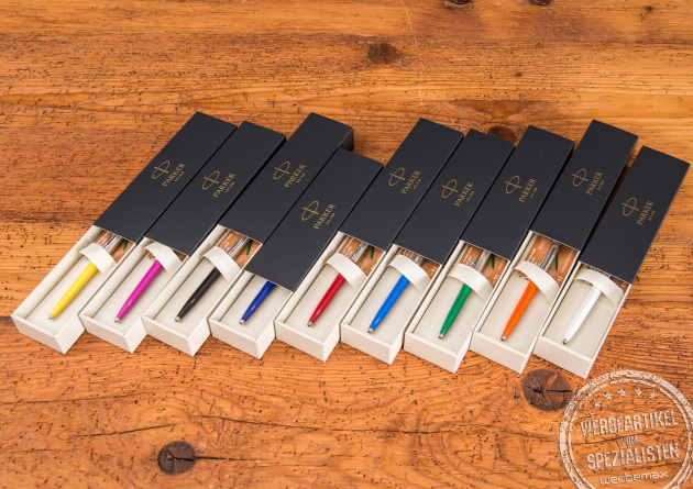 Farbenfrohe Auswahl des Kugelschreibers Parker Jotter Original Recyling. Ihre Unternehmensfarbe wählen und dezent Ihr Logo gravieren lassen.