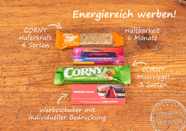 Messeartikel mit Biss - Corny M&uuml;sliriegel und Corny Haferkraftriegel individuell im bedruckten Werbeschuber gestalten