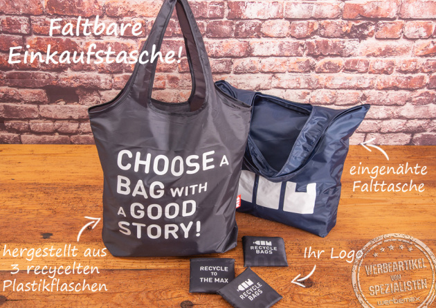 Mini Maxi Shopping Bag aus recycelten Plastikflaschen als nachhaltiger Werbeartikel mit Logo. 