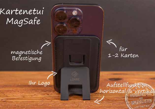  Handyhalterung und Kartenetui aus veganem Leder f&uuml;r 1-2 Kreditkarten. Das praktische MagSafe Kartenetui mit Logo. 