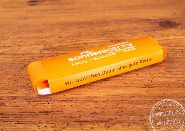 Koffergurt Speedstrap orange mit individuell bedruckter Werbebanderole.