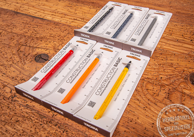 Sechs farbige Construction Basic Kugelschreiber zur Auswahl im Set mit schwarzem Notizbuch