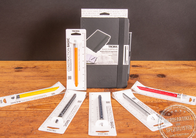 Slimpad von Troika - Schwarzes Notizbuch aus Kunstleder mit farbigem Construction Basic Kugelschreiber