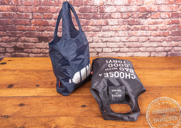 Faltbare Einkaufstasche aus 100% recycelten Plastikfalsche in 4 verschiedenen Farben. Mit Ihrem Logo bedruckt.