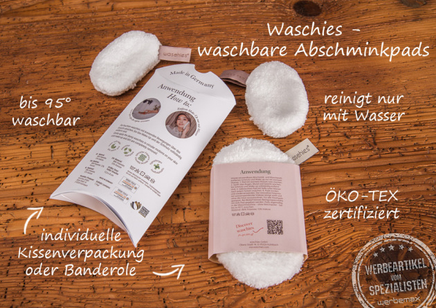 Waschies Abschminkpads mit Kissenverpackung und Banderole als Werbeartikel.