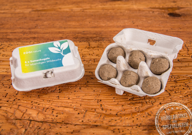 Eierkarton gef&uuml;llt mit Samenbomben mit Logo