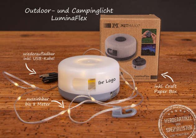 Outdoorlampe mit Logo und ausziehbarer Lichterkette f&uuml;r Mitarbeiter, Kunden und Partner