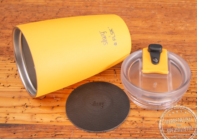 Innovativer Coffee2Go Becher von FLSK mit der Anti-Rutsch-Technology von Silwy mit Ihrem Logo gravieren lassen. 