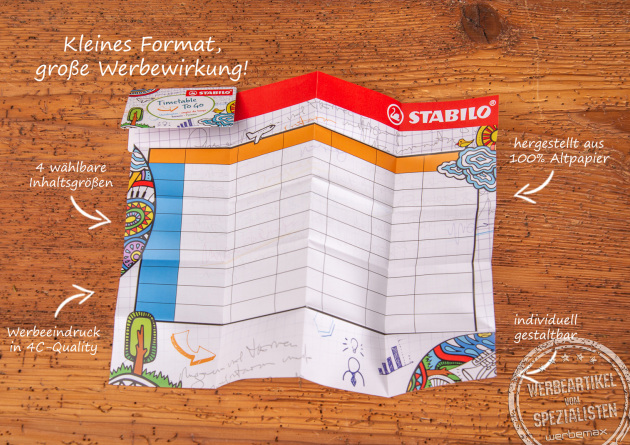 Stundenplan, Faltplaner, Fahrplan und noch vieles Mehr kann mit der nachhaltigen Concept Card indiviudell gestaltet werden. 